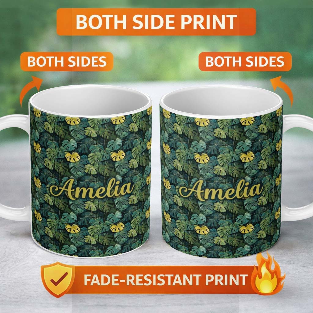 Personalized Custom Name Dense Tropical Monstera Leaves in Deep Green Tones Seamless Pattern 11oz Ceramic Coffee Tea Mug White Large Handle