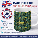 Personalized Custom Name Dense Tropical Monstera Leaves in Deep Green Tones Seamless Pattern 11oz Ceramic Coffee Tea Mug White Large Handle