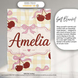 Cherry Bow Ribbon Cute Yellow Gingham Picnic Check Seamless Pattern  Personalised Custom Name Super Soft Fleece Blanket Bed Sofa Throw