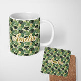 Personalized Custom Name Lush Botanical Monstera and Palm Leaves on Light Background 11oz Ceramic Coffee Tea Mug White Large Handle