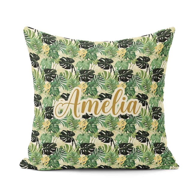 Custom Name Lush Botanical Monstera and Palm on Light Background Square Filled Cushion Throw Pillow Sofa Bed Home Decor Zip Washable UK Made