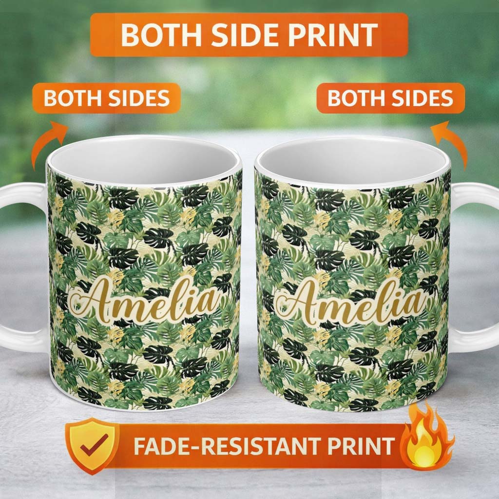 Personalized Custom Name Lush Botanical Monstera and Palm Leaves on Light Background 11oz Ceramic Coffee Tea Mug White Large Handle
