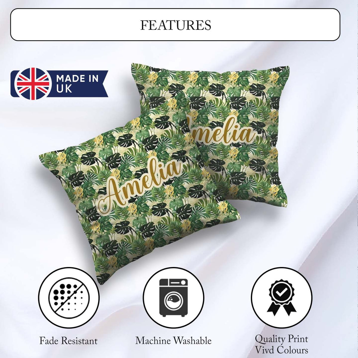 Custom Name Lush Botanical Monstera and Palm on Light Background Square Filled Cushion Throw Pillow Sofa Bed Home Decor Zip Washable UK Made
