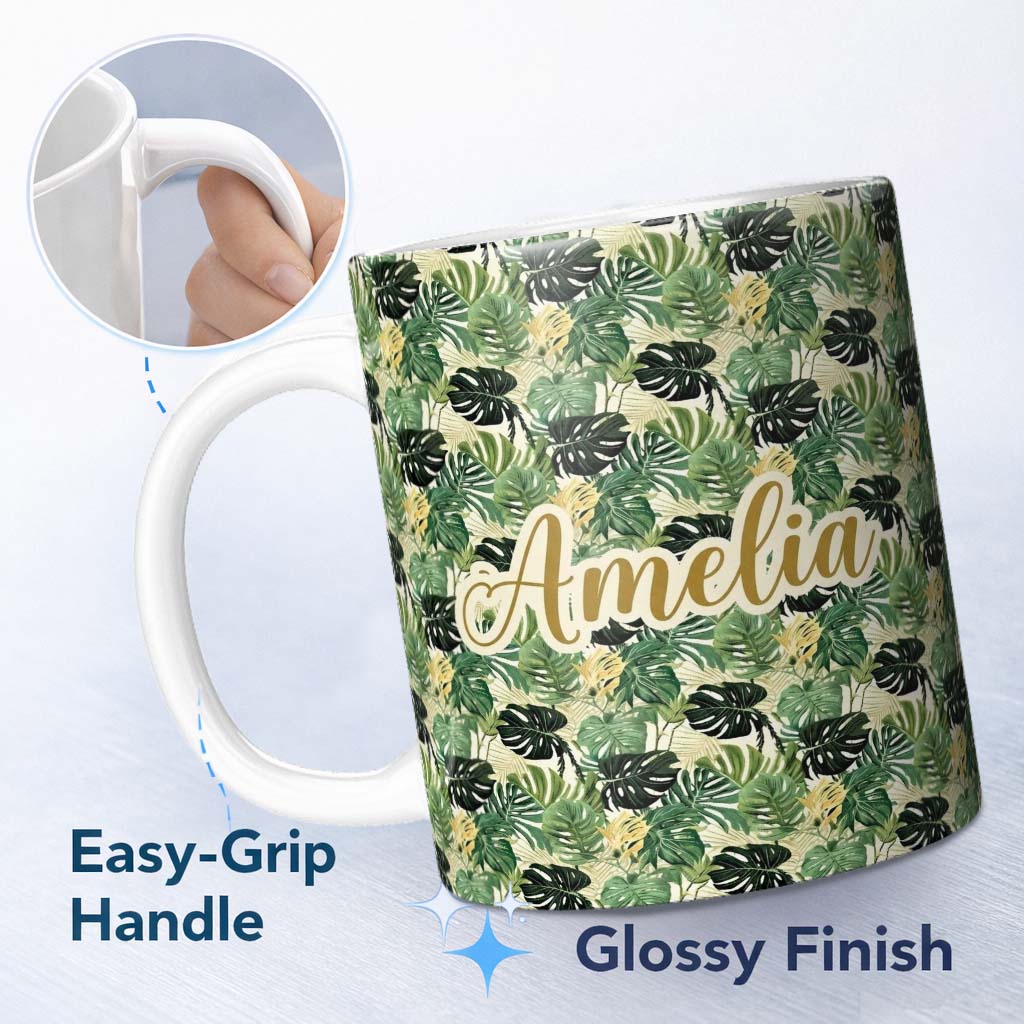 Personalized Custom Name Lush Botanical Monstera and Palm Leaves on Light Background 11oz Ceramic Coffee Tea Mug White Large Handle
