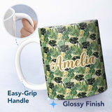 Personalized Custom Name Lush Botanical Monstera and Palm Leaves on Light Background 11oz Ceramic Coffee Tea Mug White Large Handle