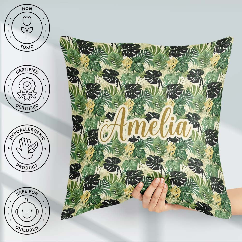 Custom Name Lush Botanical Monstera and Palm on Light Background Square Filled Cushion Throw Pillow Sofa Bed Home Decor Zip Washable UK Made