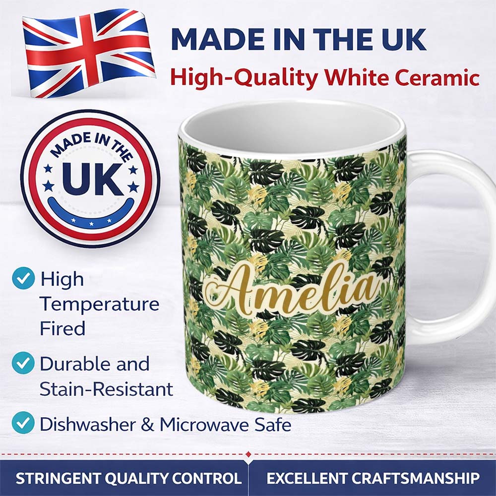 Personalized Custom Name Lush Botanical Monstera and Palm Leaves on Light Background 11oz Ceramic Coffee Tea Mug White Large Handle