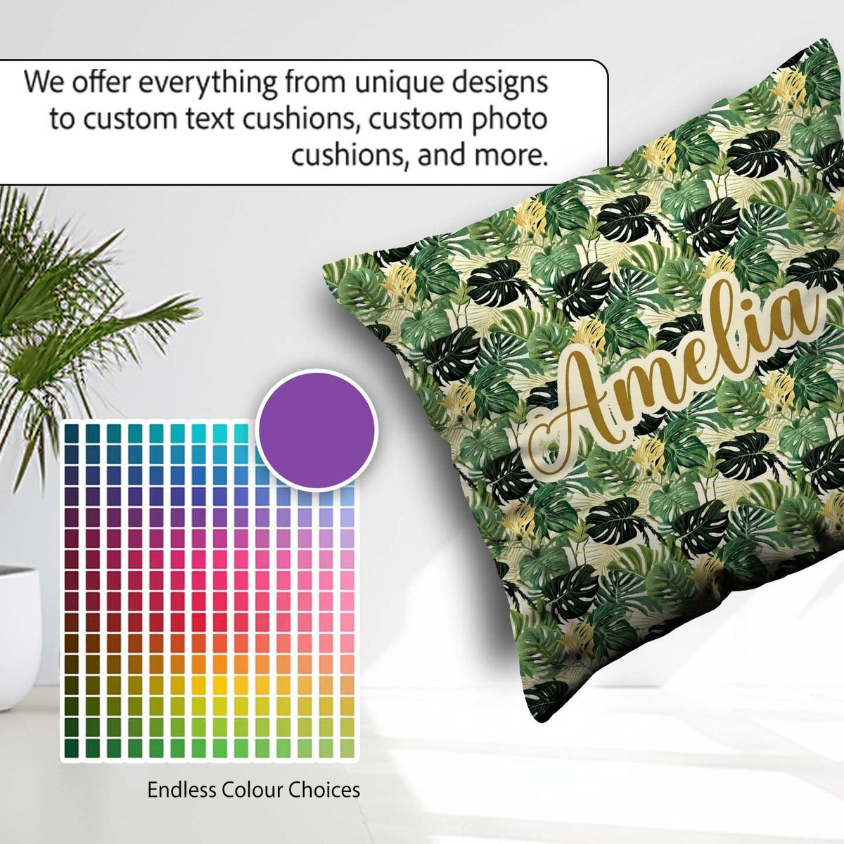 Custom Name Lush Botanical Monstera and Palm on Light Background Square Filled Cushion Throw Pillow Sofa Bed Home Decor Zip Washable UK Made