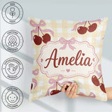 Custom Name Cherry Bow Ribbon Cute Yellow Gingham Check Seamless Square Filled Cushion Throw Pillow Sofa Bed Home Decor Zip Washable UK Made
