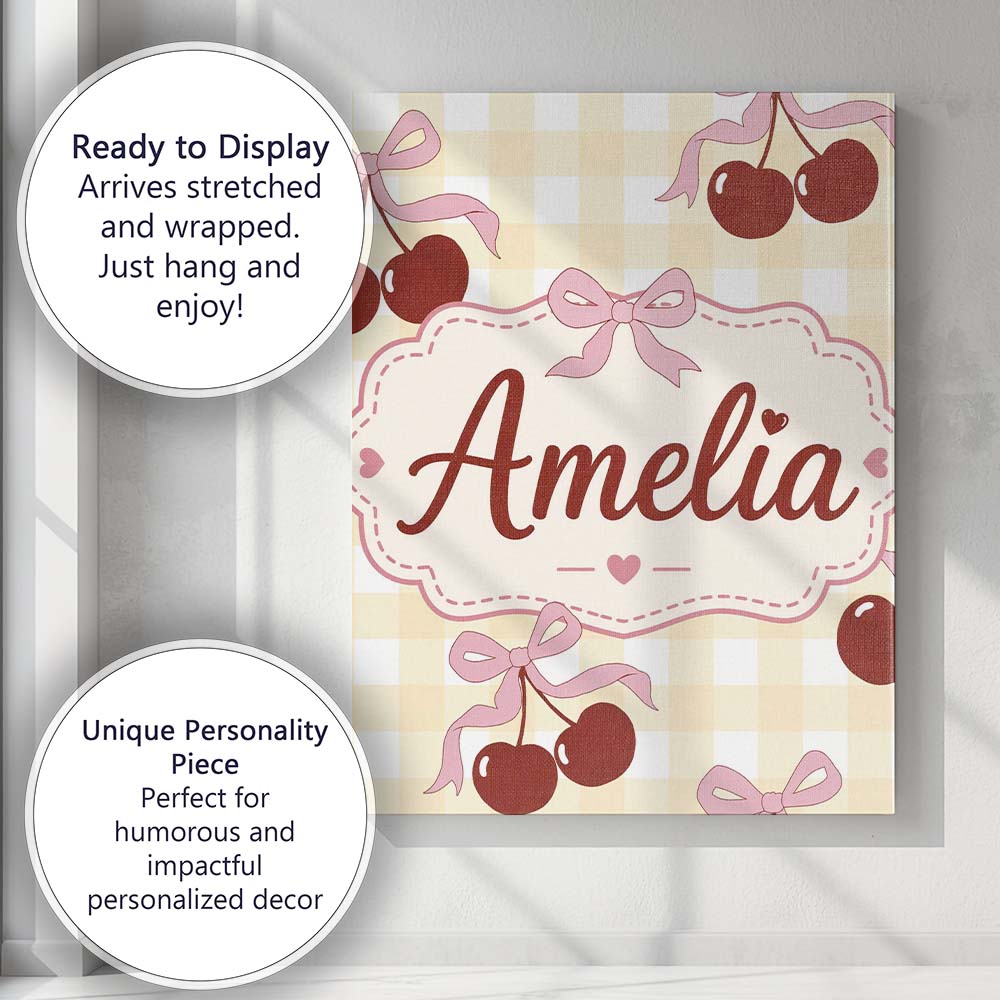 Personalised Name Cherry Bow Ribbon Cute Yellow Gingham Picnic Check Custom  Home Canvas Wall Art Print Decor Picture Ready to Hang