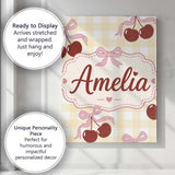Personalised Name Cherry Bow Ribbon Cute Yellow Gingham Picnic Check Custom  Home Canvas Wall Art Print Decor Picture Ready to Hang