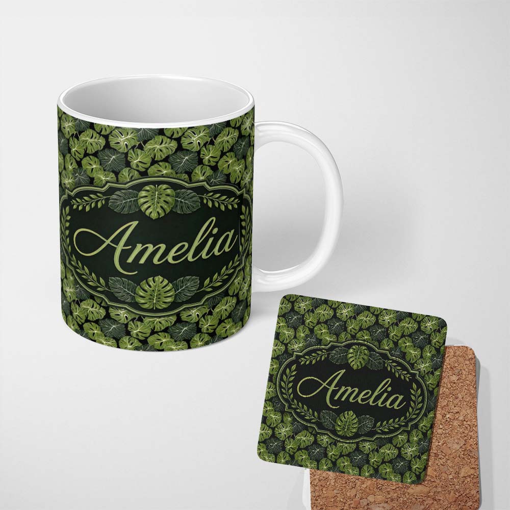 Personalized Custom Name Stylized Monstera Leaf Pattern on Dark Background Seamless Name Cute 11oz Ceramic Coffee Tea Mug White Large Handle