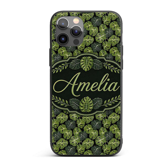 Stylized Monstera Leaf Pattern on Dark Background Custom Name Protective Phone Case Mobile Cover Durable Everyday Smartphone Shock Resistant