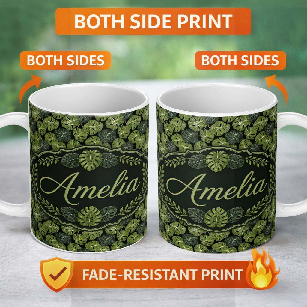 Personalized Custom Name Stylized Monstera Leaf Pattern on Dark Background Seamless Name Cute 11oz Ceramic Coffee Tea Mug White Large Handle