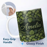 Personalized Custom Name Stylized Monstera Leaf Pattern on Dark Background Seamless Name Cute 11oz Ceramic Coffee Tea Mug White Large Handle
