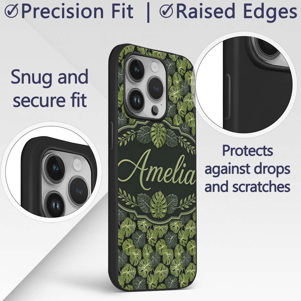 Stylized Monstera Leaf Pattern on Dark Background Custom Name Protective Phone Case Mobile Cover Durable Everyday Smartphone Shock Resistant