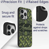 Stylized Monstera Leaf Pattern on Dark Background Custom Name Protective Phone Case Mobile Cover Durable Everyday Smartphone Shock Resistant