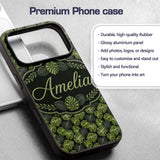 Stylized Monstera Leaf Pattern on Dark Background Custom Name Protective Phone Case Mobile Cover Durable Everyday Smartphone Shock Resistant