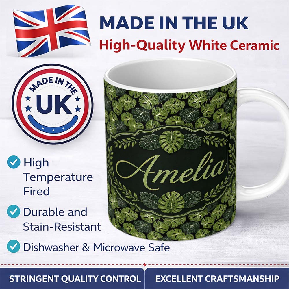 Personalized Custom Name Stylized Monstera Leaf Pattern on Dark Background Seamless Name Cute 11oz Ceramic Coffee Tea Mug White Large Handle
