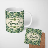 Personalized Custom Name Soft Green Monstera Leaves Minimal Botanical Seamless Pattern Name 11oz Ceramic Coffee Tea Mug White Large Handle