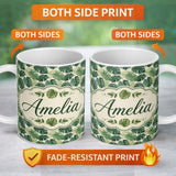 Personalized Custom Name Soft Green Monstera Leaves Minimal Botanical Seamless Pattern Name 11oz Ceramic Coffee Tea Mug White Large Handle
