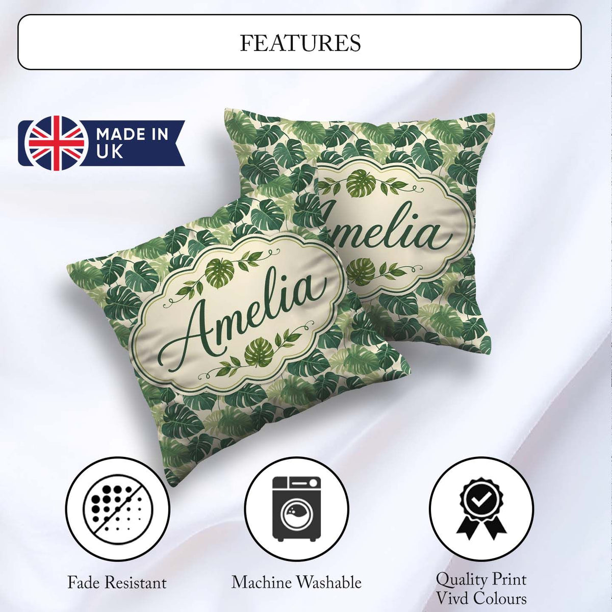Custom Name Soft Green Monstera Leaves Minimal Botanical Pattern Square Filled Cushion Throw Pillow Sofa Bed Home Decor Zip Washable UK Made