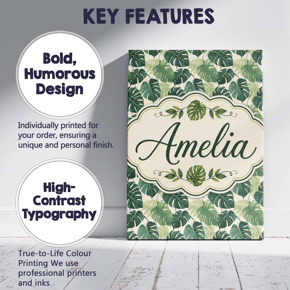 Personalised Name Soft Green Monstera Custom Modern Room Accent Creative Decorator Style Canvas Wall Art Print Decor Picture Ready to Hang