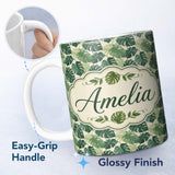 Personalized Custom Name Soft Green Monstera Leaves Minimal Botanical Seamless Pattern Name 11oz Ceramic Coffee Tea Mug White Large Handle
