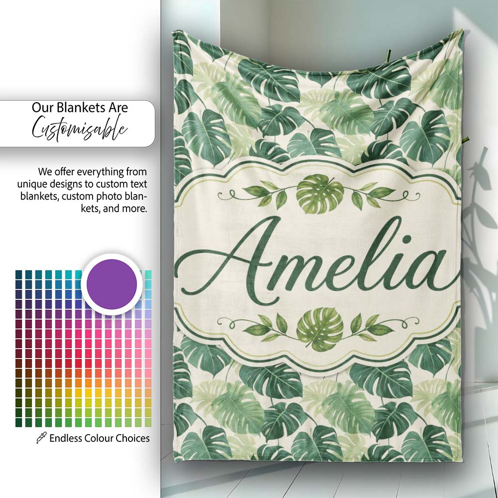 Soft Green Monstera Leaves Minimal Botanical Seamless Pattern Name  Personalised Custom Name Super Soft Fleece Blanket Bed Sofa Throw