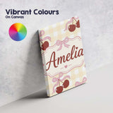Personalised Name Cherry Bow Ribbon Cute Yellow Gingham Picnic Check Custom  Home Canvas Wall Art Print Decor Picture Ready to Hang