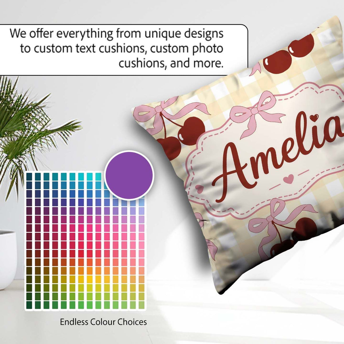 Custom Name Cherry Bow Ribbon Cute Yellow Gingham Check Seamless Square Filled Cushion Throw Pillow Sofa Bed Home Decor Zip Washable UK Made