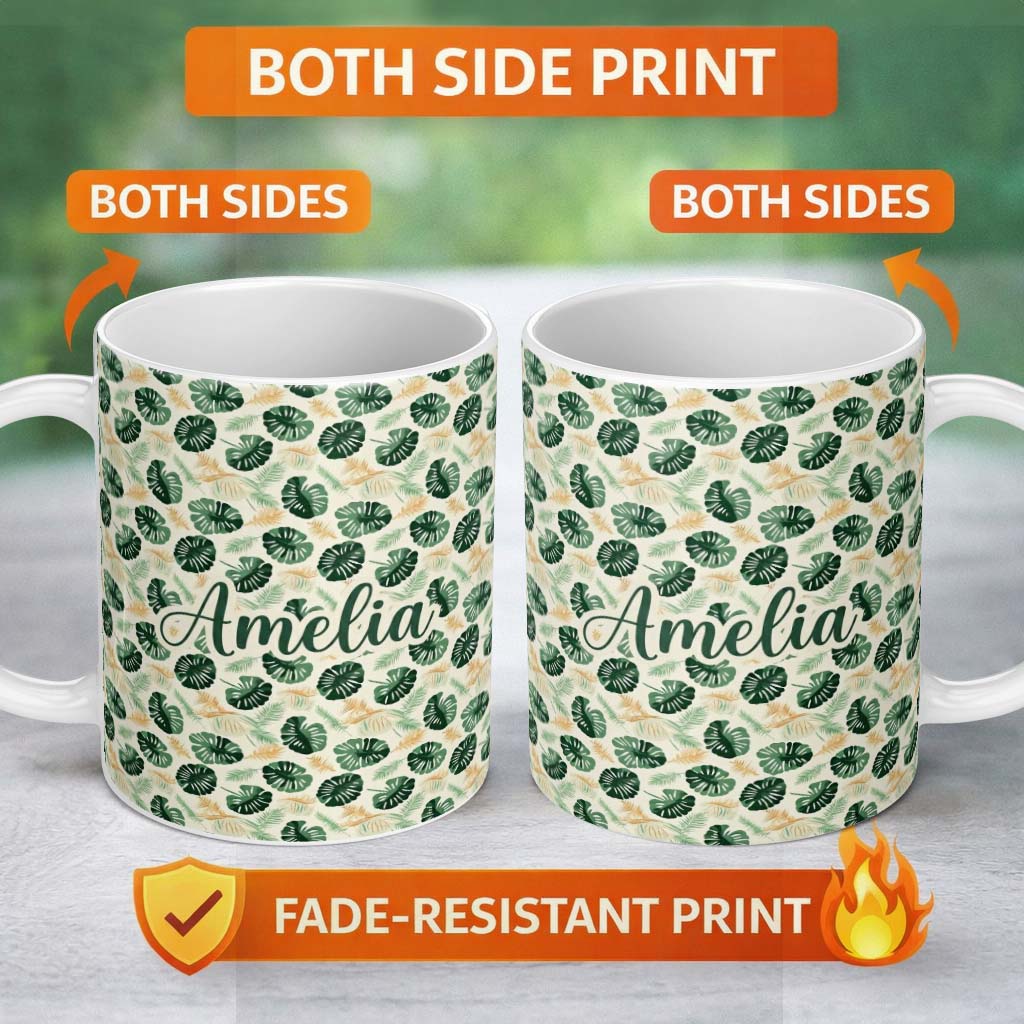 Personalized Custom Name Tropical Leaves Mix with Palm and Monstera on Cream Background 11oz Ceramic Coffee Tea Mug White Large Handle