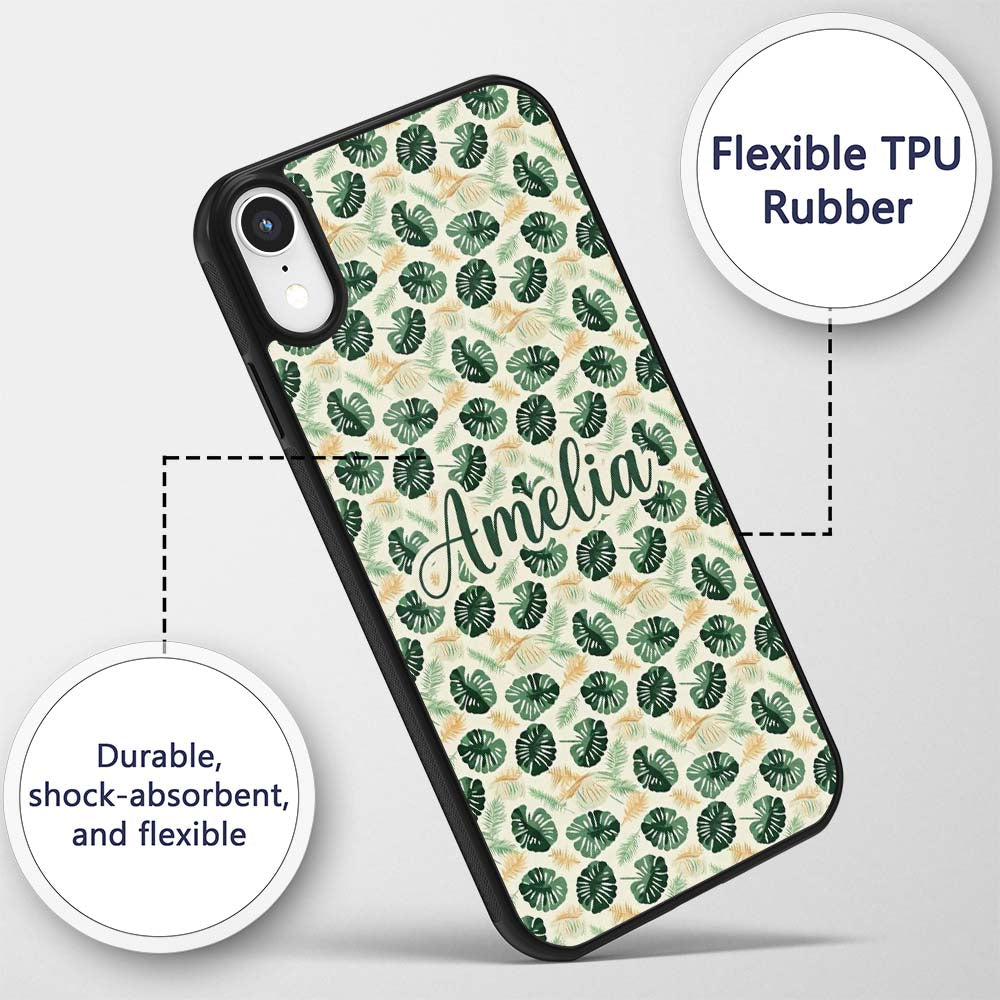 Tropical Leaves Mix with Palm and Monstera on Custom Name Protective Phone Case Mobile Cover Durable Everyday Smartphone Shock Resistant