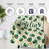 Tropical Leaves Mix with Palm and Monstera on Cream Background  Personalised Custom Name Super Soft Fleece Blanket Bed Sofa Throw