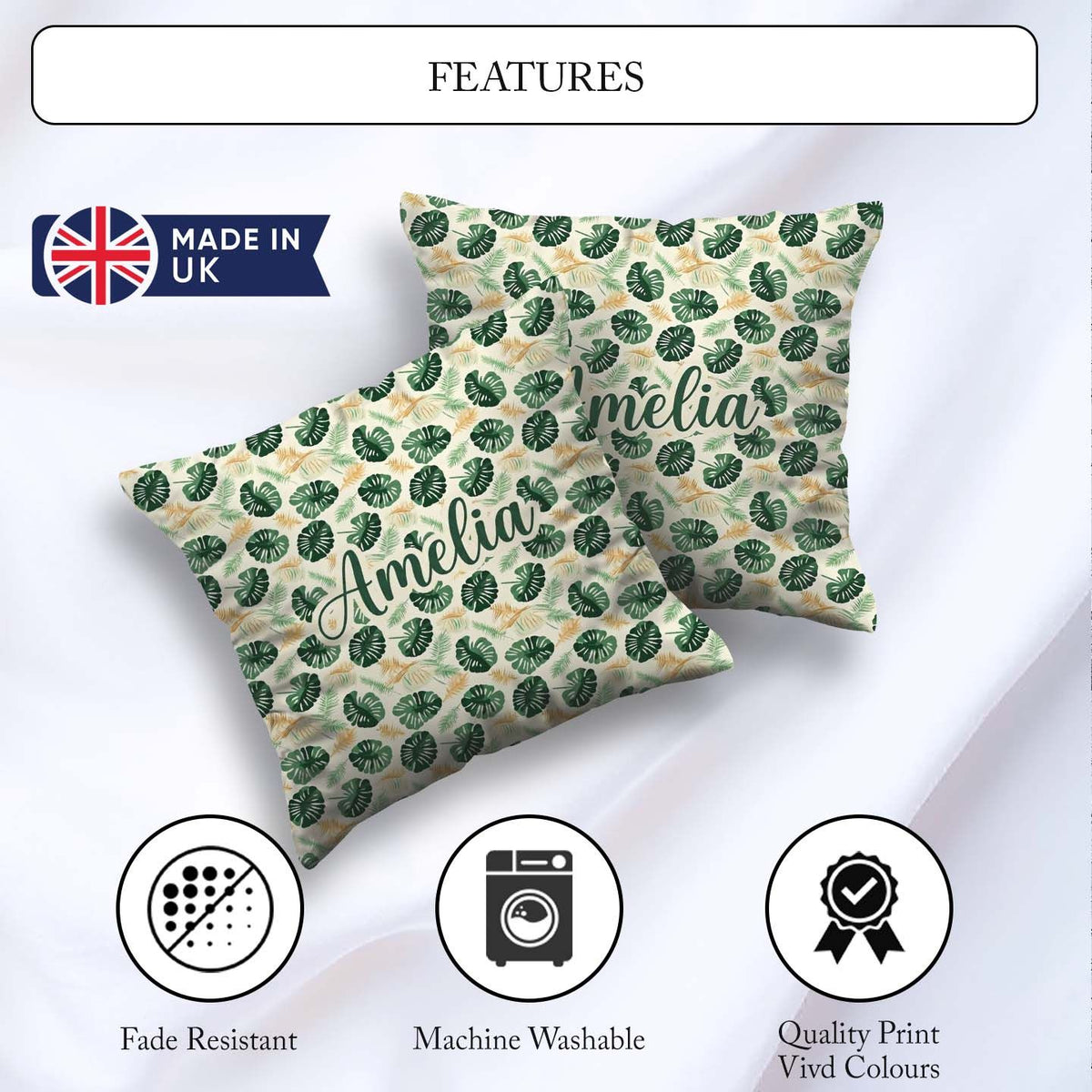 Custom Name Tropical Leaves Mix with Palm and Monstera on Cream Square Filled Cushion Throw Pillow Sofa Bed Home Decor Zip Washable UK Made