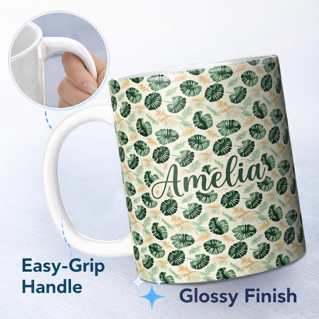 Personalized Custom Name Tropical Leaves Mix with Palm and Monstera on Cream Background 11oz Ceramic Coffee Tea Mug White Large Handle