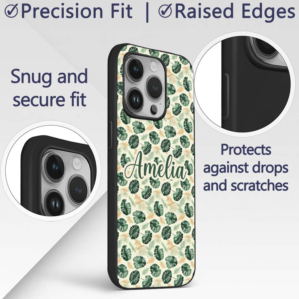 Tropical Leaves Mix with Palm and Monstera on Custom Name Protective Phone Case Mobile Cover Durable Everyday Smartphone Shock Resistant
