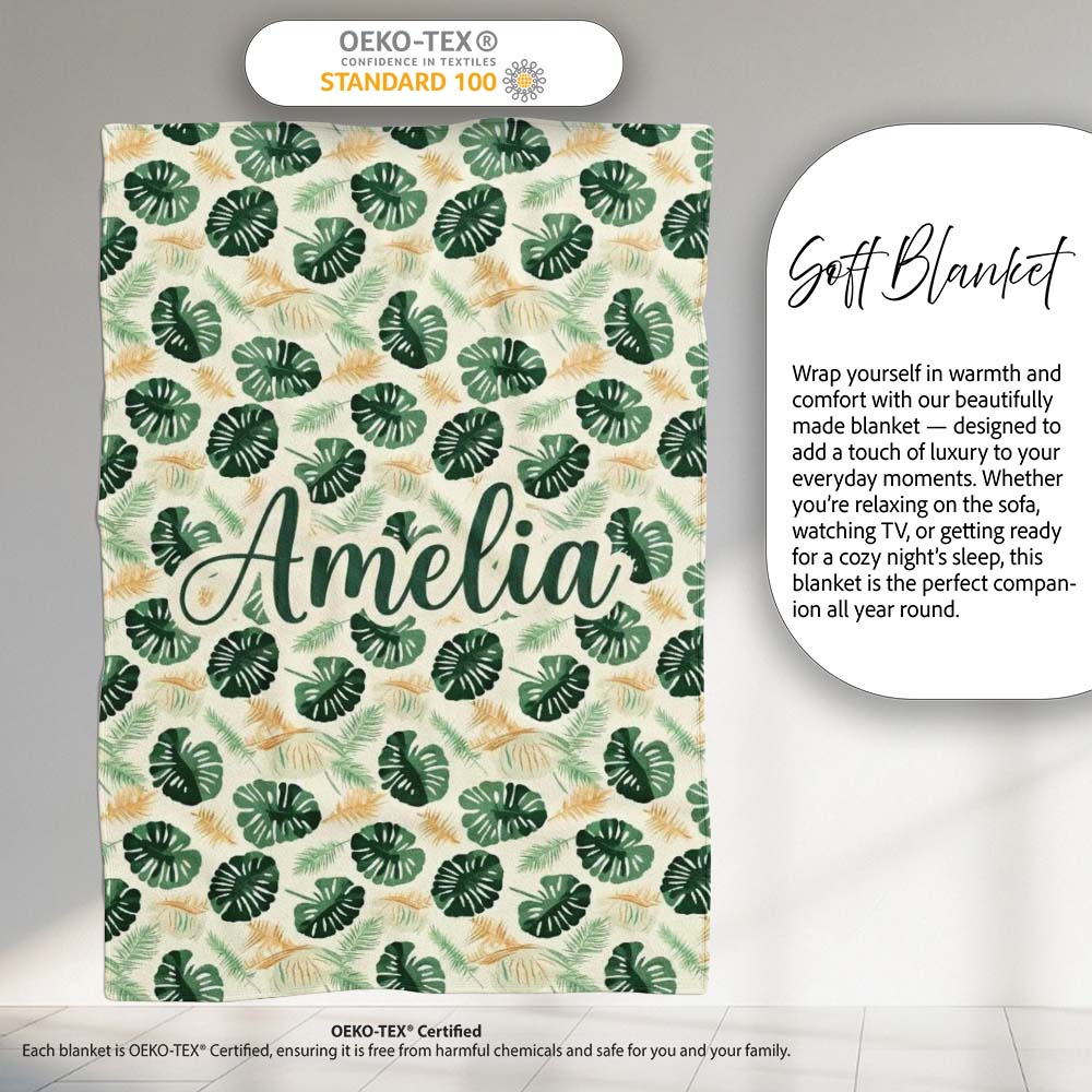 Tropical Leaves Mix with Palm and Monstera on Cream Background  Personalised Custom Name Super Soft Fleece Blanket Bed Sofa Throw