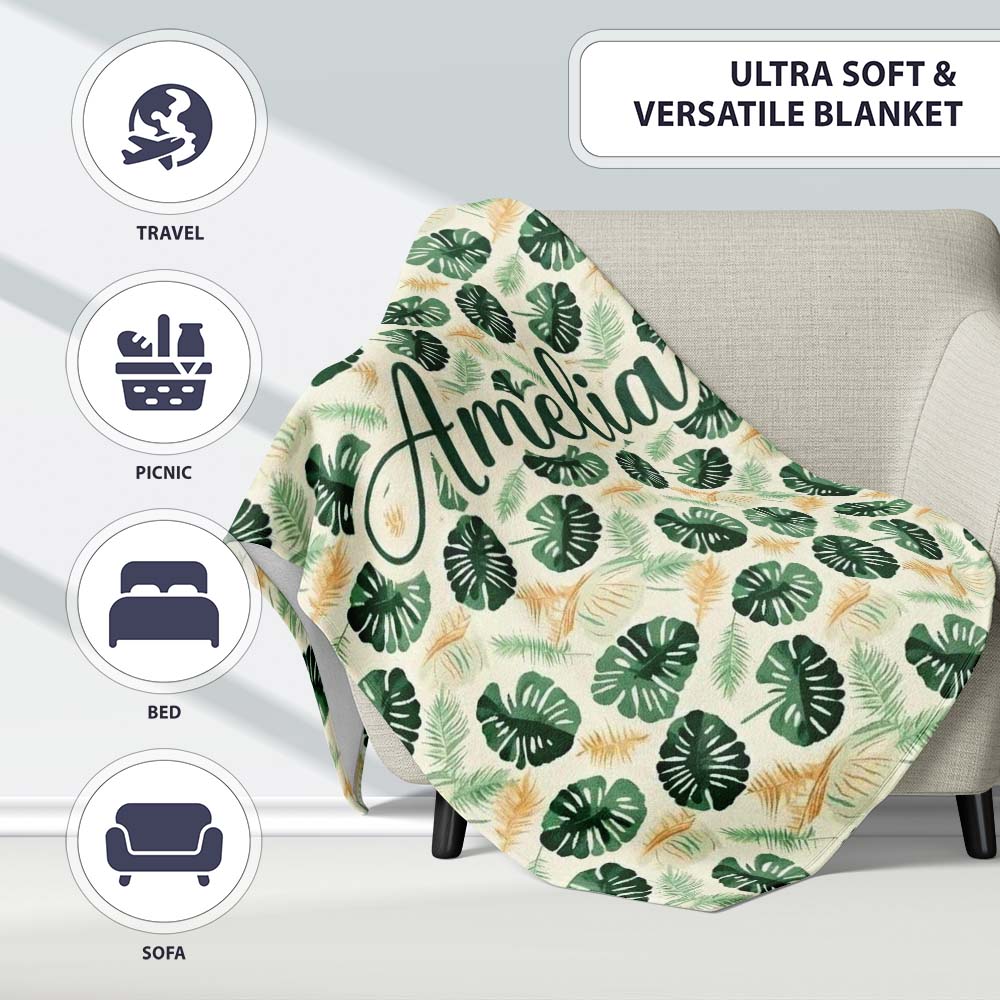 Tropical Leaves Mix with Palm and Monstera on Cream Background  Personalised Custom Name Super Soft Fleece Blanket Bed Sofa Throw