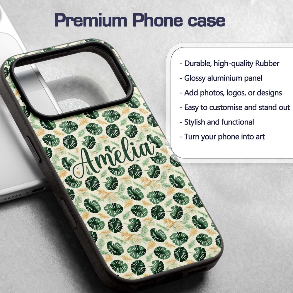 Tropical Leaves Mix with Palm and Monstera on Custom Name Protective Phone Case Mobile Cover Durable Everyday Smartphone Shock Resistant