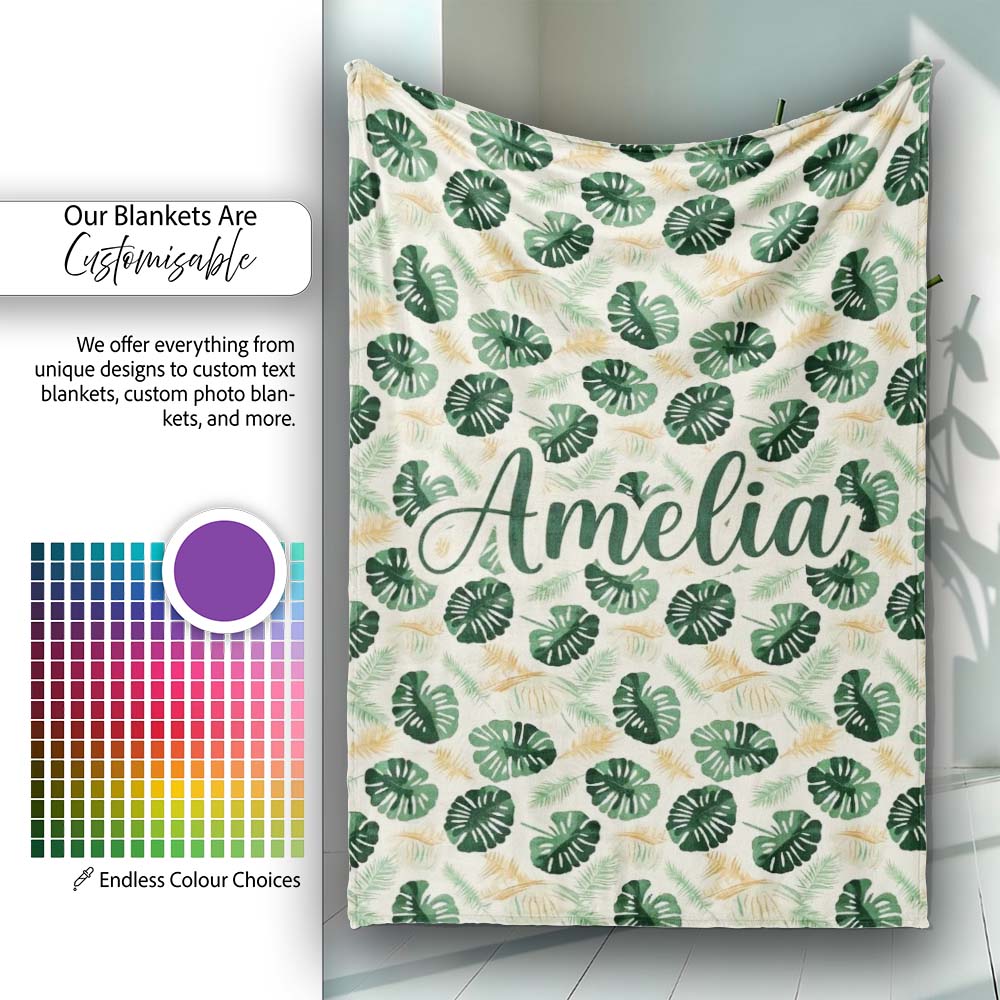 Tropical Leaves Mix with Palm and Monstera on Cream Background  Personalised Custom Name Super Soft Fleece Blanket Bed Sofa Throw