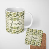 Personalized Custom Name Muted Watercolor Monstera Leaves on Light Background Seamless Name 11oz Ceramic Coffee Tea Mug White Large Handle