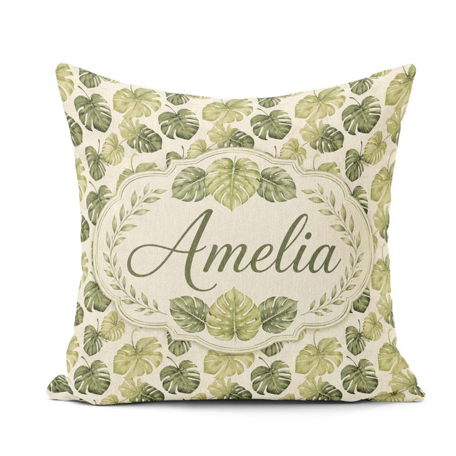Custom Name Muted Watercolor Monstera Leaves on Light Background Square Filled Cushion Throw Pillow Sofa Bed Home Decor Zip Washable UK Made
