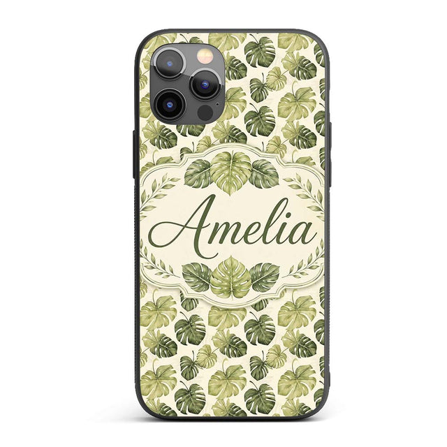 Muted Watercolor Monstera Leaves Printed Design Custom Name Protective Phone Case Mobile Cover Durable Everyday Smartphone Shock Resistant
