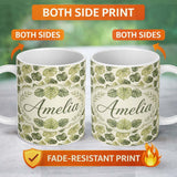 Personalized Custom Name Muted Watercolor Monstera Leaves on Light Background Seamless Name 11oz Ceramic Coffee Tea Mug White Large Handle