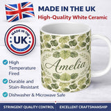 Personalized Custom Name Muted Watercolor Monstera Leaves on Light Background Seamless Name 11oz Ceramic Coffee Tea Mug White Large Handle
