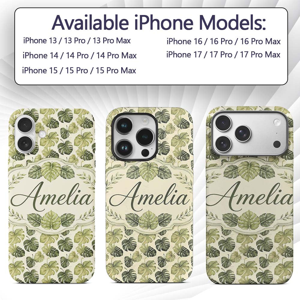 Muted Watercolor Monstera Leaves Printed Design Custom Name Protective Phone Case Mobile Cover Durable Everyday Smartphone Shock Resistant