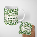 Personalized Custom Name Fresh Green Monstera Leaves Watercolor Style Seamless Pattern Name 11oz Ceramic Coffee Tea Mug White Large Handle