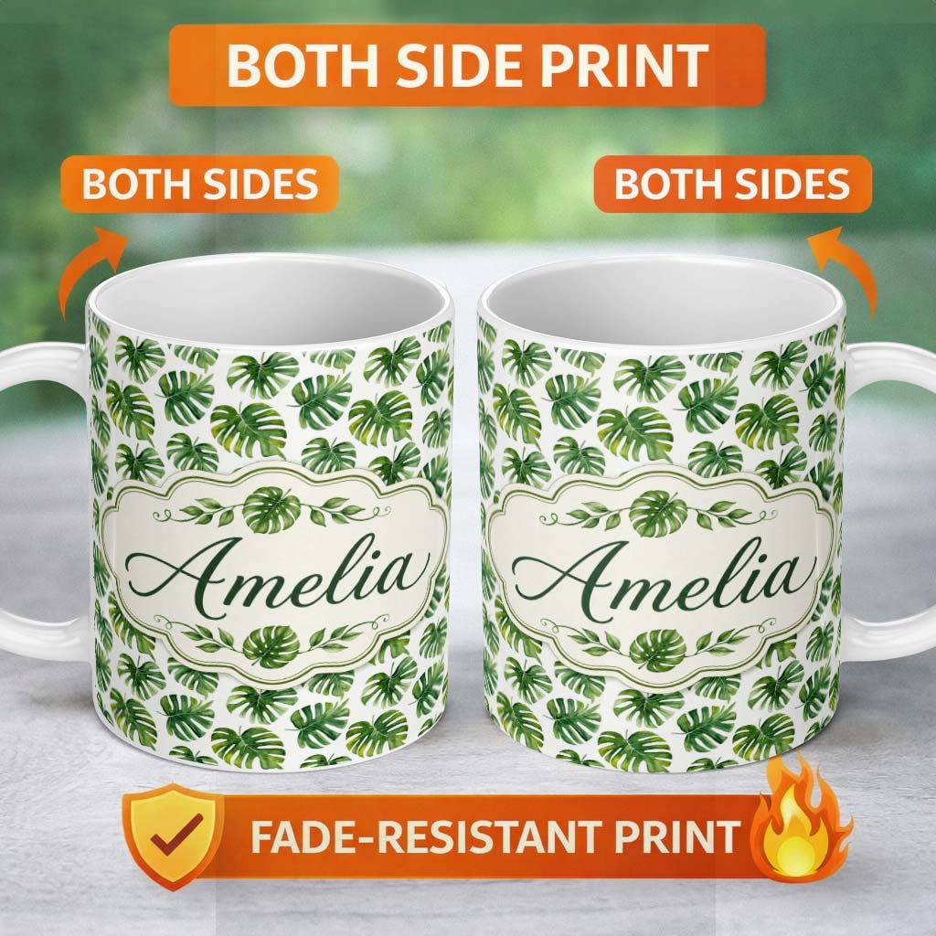 Personalized Custom Name Fresh Green Monstera Leaves Watercolor Style Seamless Pattern Name 11oz Ceramic Coffee Tea Mug White Large Handle