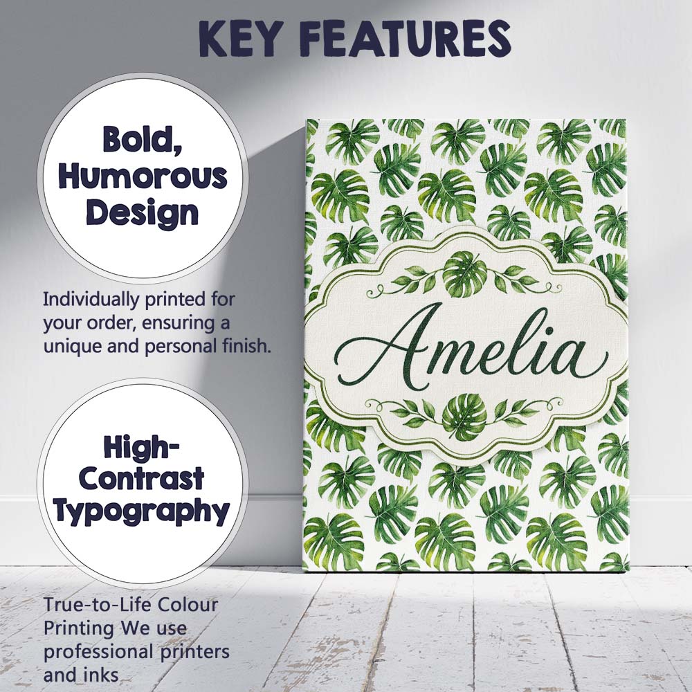 Personalised Name Fresh Green Monstera Custom  Modern Room Accent Elegant Feature Canvas Wall Art Print Decor Picture Ready to Hang